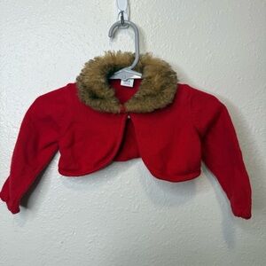 Janie and Jack Red Cropped Cardigan With Faux Fur Collar Size 6-12 Months